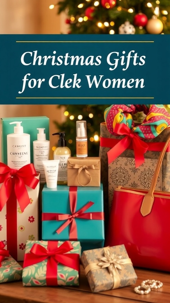 A collection of Christmas gifts for Black women, featuring skincare, jewelry, and accessories, beautifully wrapped and displayed.